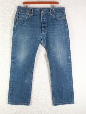Levis 501 Jeans Mens 36X28 Blue Medium Wash Straight Button Fly Heavy Retro